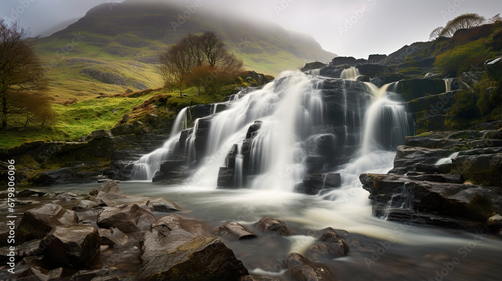 Obraz premium Misty Waterfall in the Forest. Generative Ai