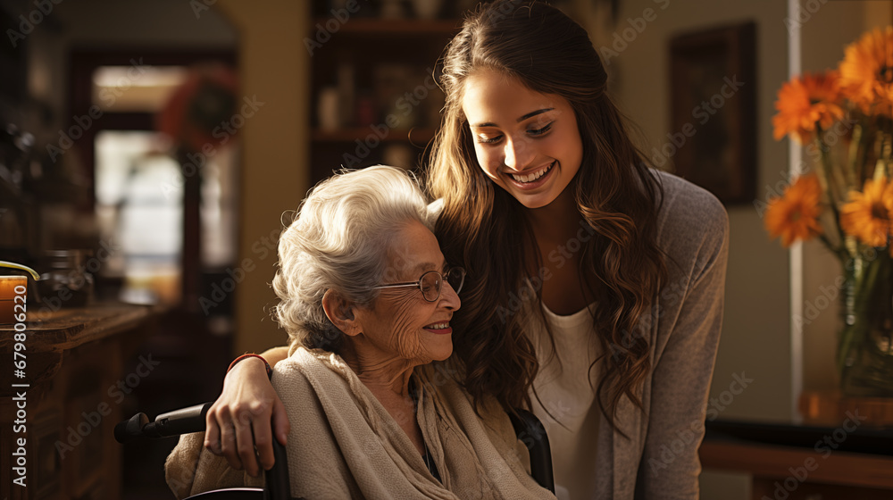 Candid portrait of the young woman offering a warm embrace to her elderly grandmother