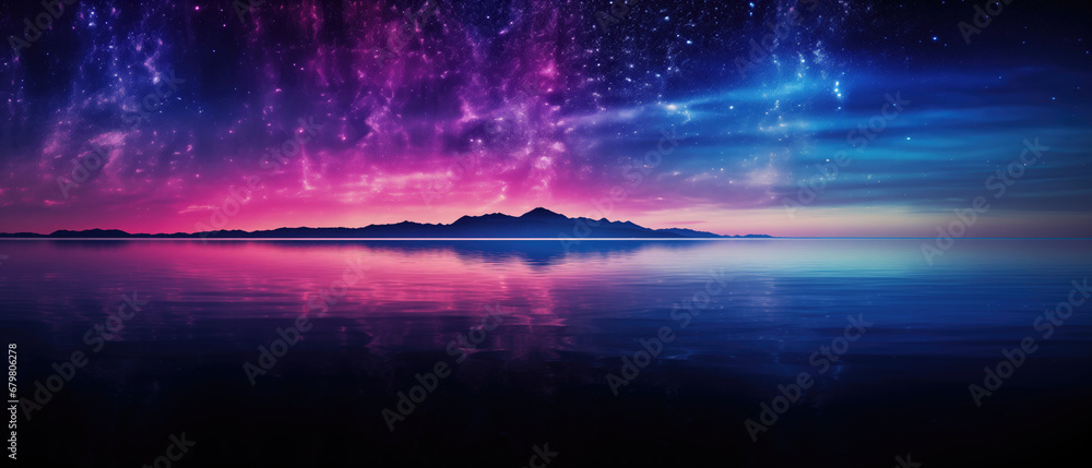 Panorama view of Beautiful aurora borealis over the sea with mountains in the background