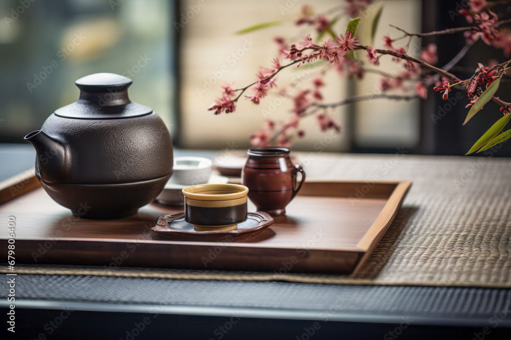 Traditional Japanese Tea Set and Cherry Blossoms on a Tatami Mat Traditional Japanese Tea Set and Cherry Blossoms on a Tatami Mat