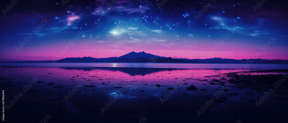 Mountain landscape at night with starry sky and lake.