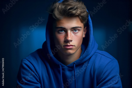 Intense Young Man with Blue Eyes Wearing a Hoodie in Moody Lighting