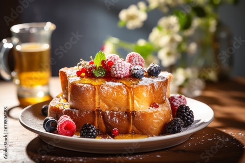 Delicious breakfast setting with Challah French toast plate, topped with berries and syrup. The scene is bright and inviting, with a cup of coffee and a small vase of flowers on the breakfast table. photo