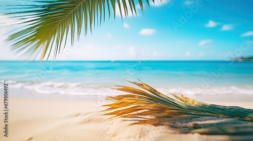 Beautiful wide panorama of a paradise beach with golden sand and palm leaves in blur. Summer banner © Creative Canvas