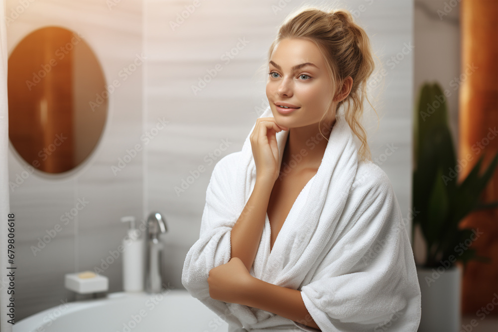 Hübsche junge Frau im Bademantel mit Handtuch im Badezimmer (Durch AI generiert) Hübsche junge Frau im Bademantel mit Handtuch im Badezimmer (Durch AI generiert)