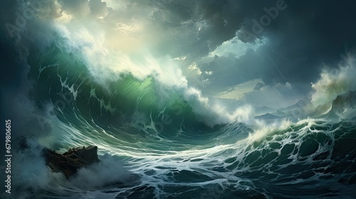 Beauty of marine nature, strength and power of the water element in form of a large turquoise sea wave crashing on shore.