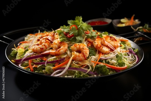 Spicy thai seafood salad on black plate with pastel background, perfect for text placement