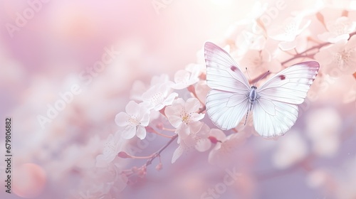 Branches of blossoming cherry against background of blue sky and fluttering butterflies in spring on nature outdoors. Pink sakura flowers