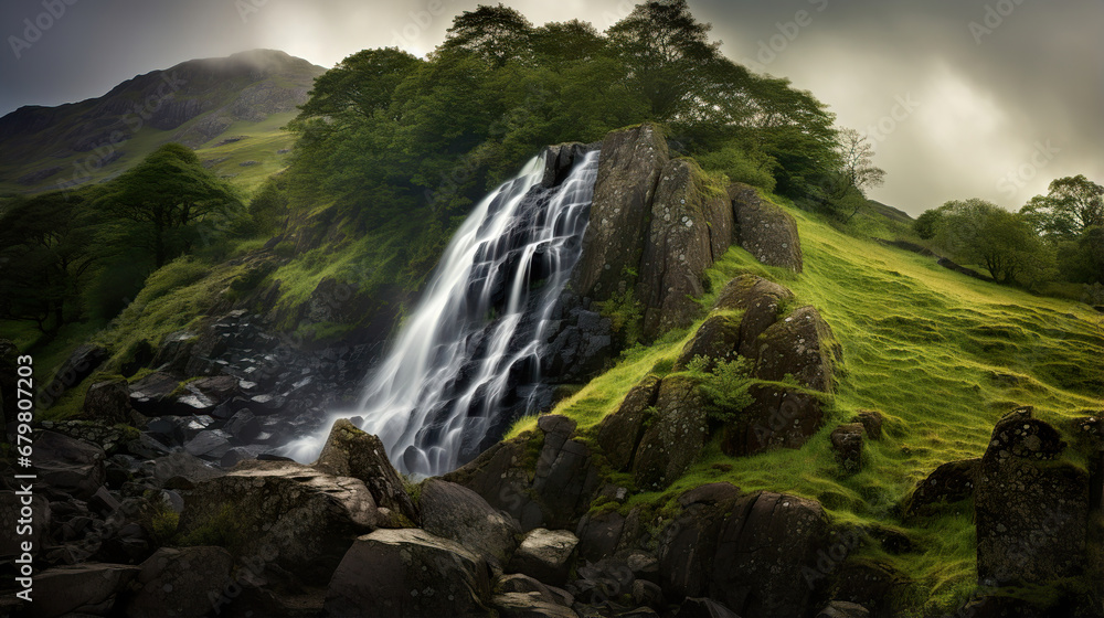 Fototapeta premium Misty Waterfall in the Forest. Generative Ai