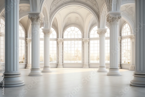 a large white room with columns and a large window