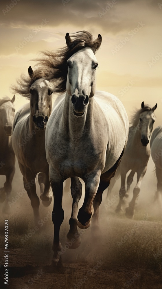 Fototapeta premium Herd wild horses galloping freely animal breeds illustration picture AI generated art