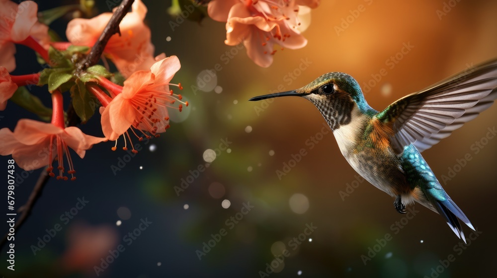Naklejka premium Delightfully beautiful bird hummingbird in flight over flowering plants in spring