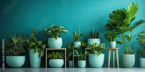 Beautiful juicy green lush indoor plants in the interior of the room against the background of the wall