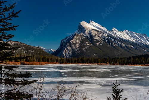 Mount Rundle and a partially frozen Vermillion Lakes. Banff National Park  Alberta  Canada