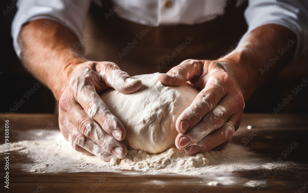 a person kneading dough on a table