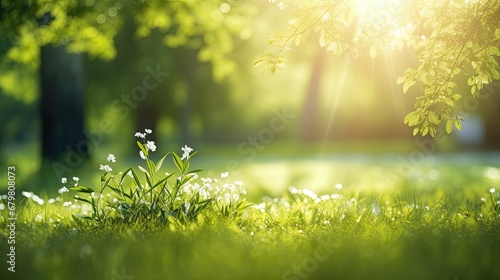 Natural summer-spring landscape frame with wet green grass with morning dew and fresh juicy foliage on Sunny day