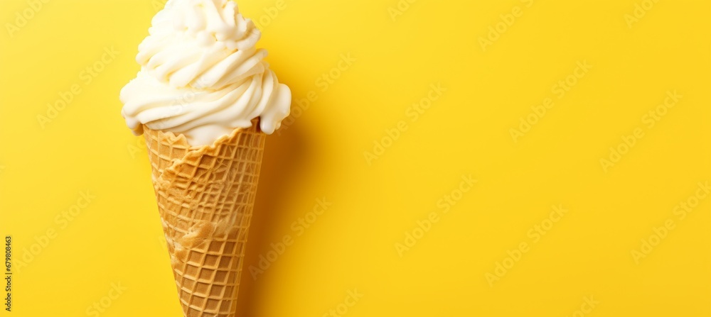 Vanilla milk ice cream in crispy cone on pastel background with text space and decoration options