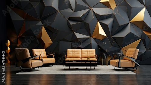 Interior with a beautiful black wall with 3D abstract pattern of polygons and furniture with golden fittings