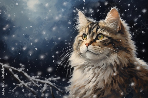 Cozy Cat in Snowy Winter Wall Art Print Background