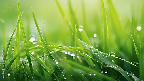 Juicy lush green grass on meadow with drops of water dew in morning light in spring summer outdoors close-up macro, panorama. Beautiful artistic image of purity and freshness of nature, copy space