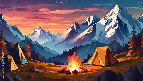 High Mountains at dusk, on a background with tents. Camping with bonfire.