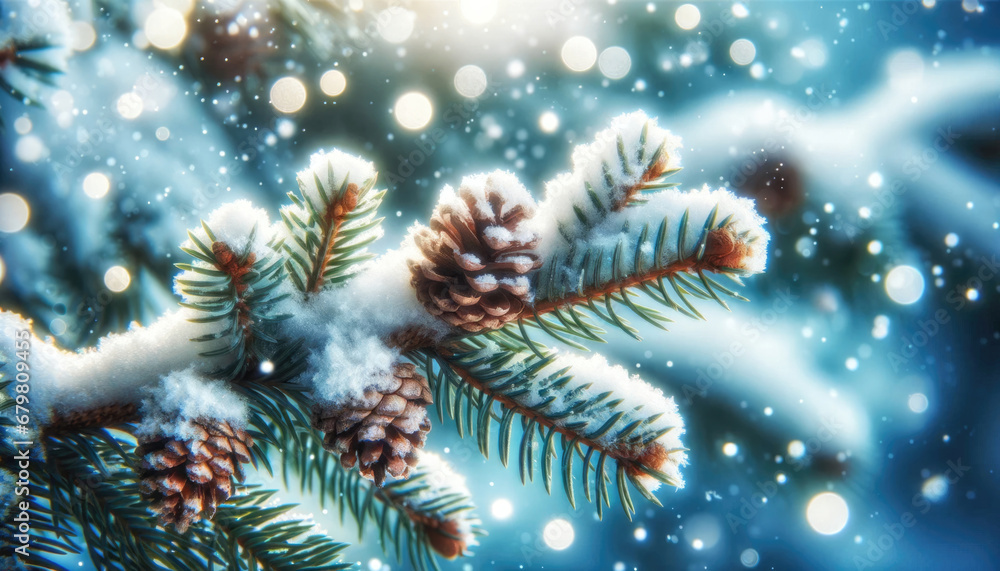 A close-up of pine branches and cones covered in snow, with a bokeh background. Generative ai.