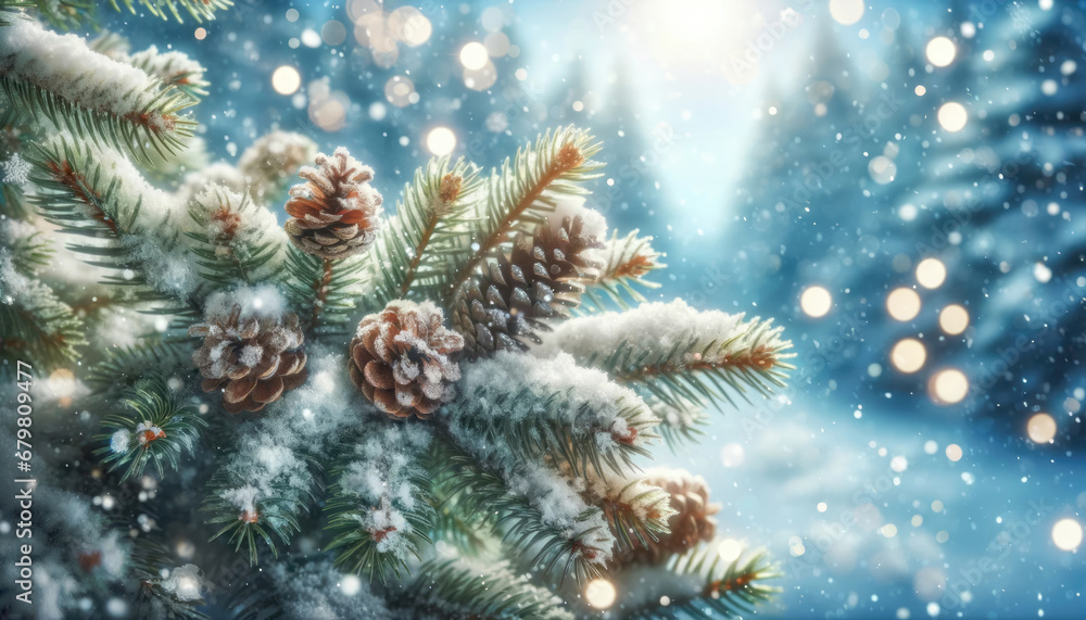 Snowy pine branches and cones on bokeh background. Generative ai.