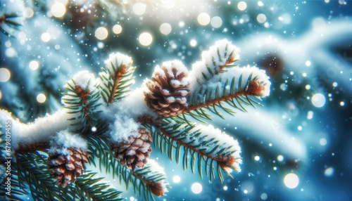 A close-up of pine branches and cones covered in snow, with a bokeh background. Generative ai.