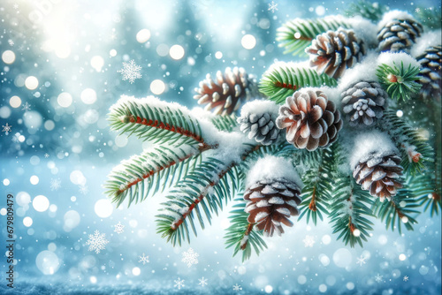 Frosty pine branches  snow  cones and snowflakes background. Generative ai.