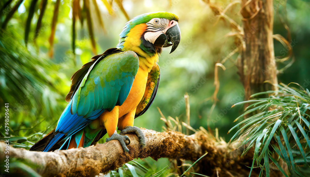 Close up tropical parrot sitting on a tree branch in natural wildlife Close up tropical parrot sitting on a tree branch in natural wildlife