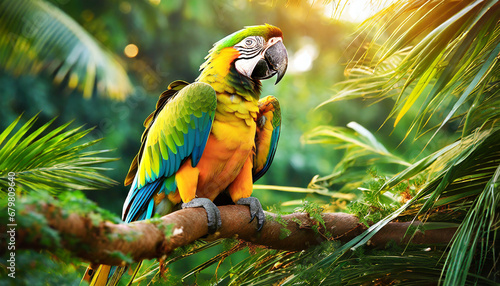 Close up tropical parrot sitting on a tree branch in natural wildlife