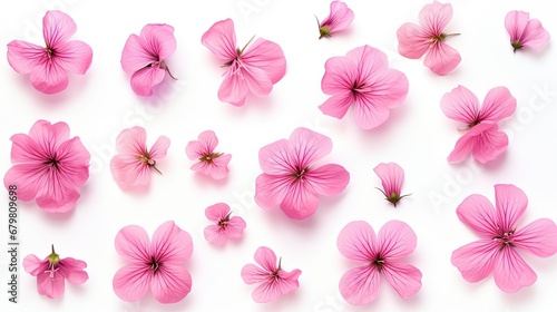 Set of pink flowers and geranium petals. Floral isolated design element, top view flat lay