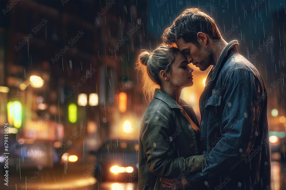 Couple sharing romantic moments under the rain.Love Couple sharing romantic moments under the rain.Love