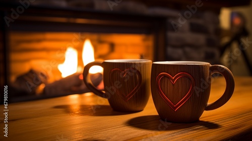 Create a cozy fireplace scene with two heart-shaped mugs and "Warmth of your love" etched into the wood.