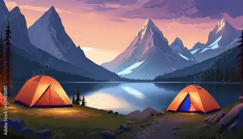 Camping in the mountains. High Mountains and lake at sunrise. 