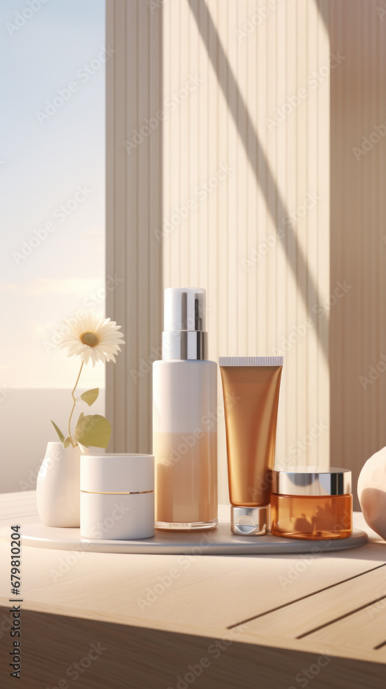 Warm sunlight bathes a collection of beauty products arranged on a wooden shelf