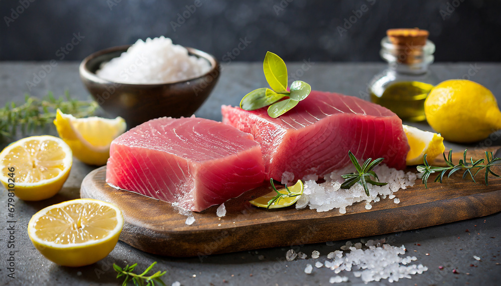 Raw tuna on a cutting board with salt and rosemary. Raw tuna on a cutting board with salt and rosemary.