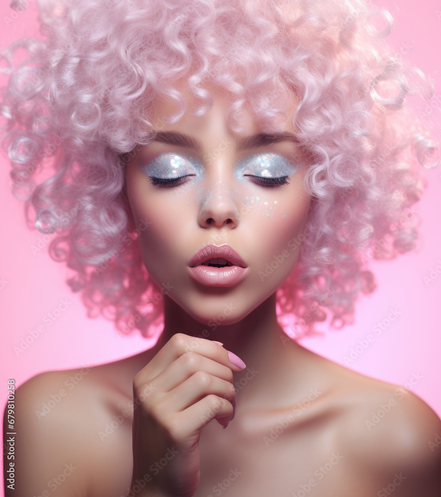 Portrait of a young woman with pastel pink hair and sparkling makeup looking serene