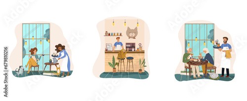 Vector illustration, cartoon cat cafe characters, animal friendly cat, small business graphic, customer and barista. Modern flat vector. People eat and talk together with a dog and a cat in a cafe. 