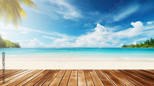 Summer panoramic landscape, Golden sand beach, palm trees, sea water against blue sky with white clouds. 