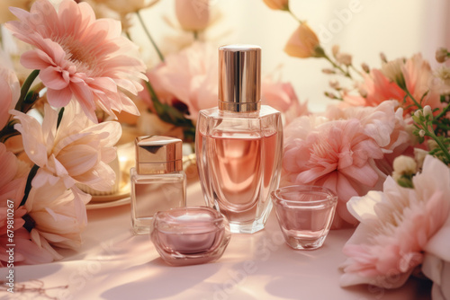 Aesthetic collection of fragrance and creams with complementing flowers in soft pastel tones