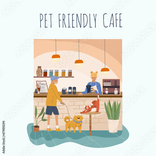 Vector illustration, cartoon cat cafe characters, animal friendly cat, small business graphic, customer and barista. Modern flat vector. 
People eat and talk together with a dog and a cat in a cafe. 