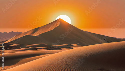 Sand dunes in the Desert on sunset huge orange sun over horizon. 