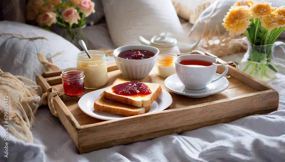 Breakfast with tea and toasts with jam in the bed. Breakfast with tea and toasts with jam in the bed.