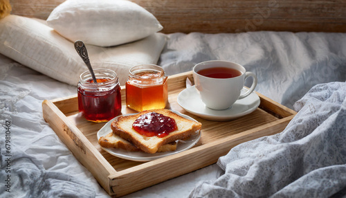 Breakfast with tea and toasts with jam in the bed. 