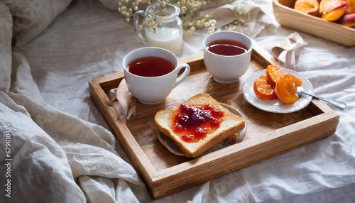 Breakfast with tea and toasts with jam in the bed.