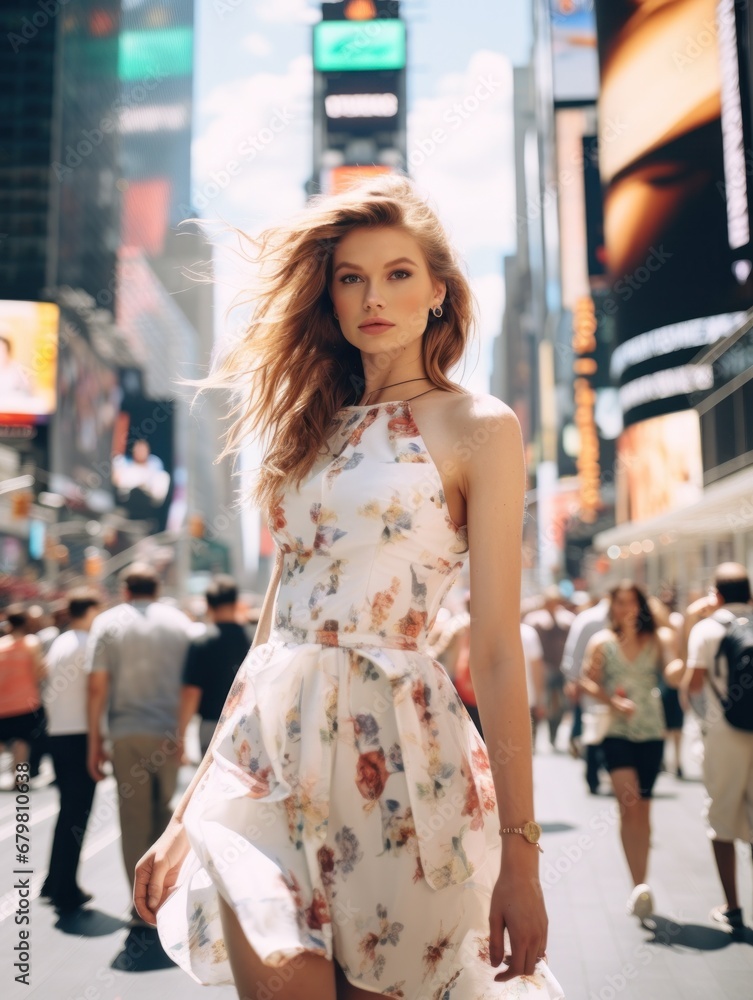 Stylish woman captured at golden hour in a floral dress amidst the hustle of a city landmark