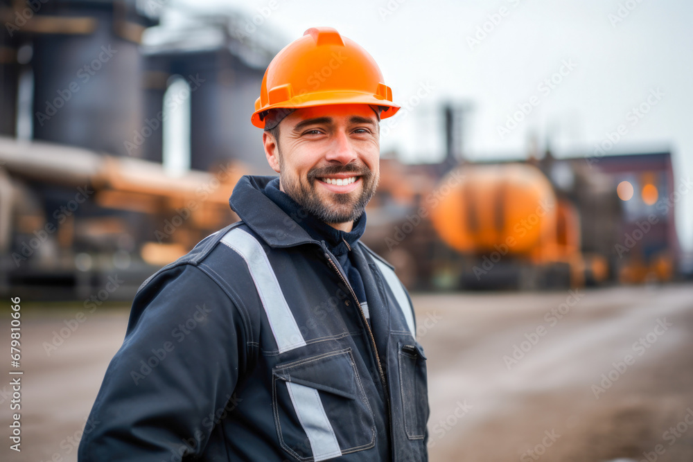 Portrait of caucasian steel worker adorned in safety gear, factory steel plant in the background Portrait of caucasian steel worker adorned in safety gear, factory steel plant in the background