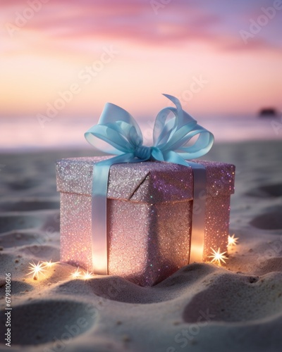 As the day ends, a gift box with a blue ribbon is nestled in the beach sand, offering a view of the calm ocean