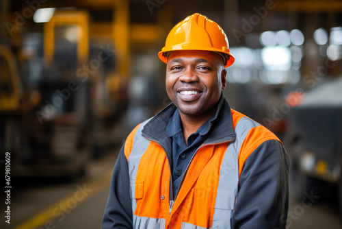 Portrait of African American steel worker adorned in safety gear, factory steel plant in the background